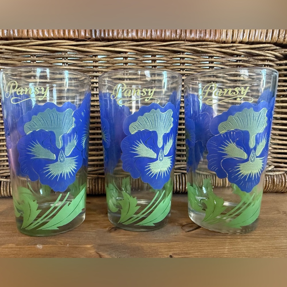 Boscul Pansy Floral Glass Set (3) 5” Peanut Butter MCM
